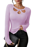 Pink Queen Sexy Tops for Women Fall Clothes Long Sleeve Cutout Keyhole Neck Top Ribbed Knit Shirts