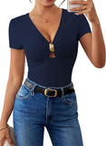 Pink Queen Women Summer Tops Stylish Deep V-Neck Short Sleeve Shirt with Metal Ring Decor