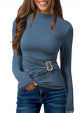 Pink Queen Women's Chic Long Sleeve Top with Ruched Waist & Metal Ring Decor Mock Neck Slim Fit Going Out Tees