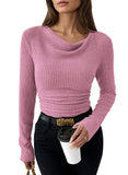 Pink Queen 2026 Fall Tops for Women Trendy Long Sleeve Cowl Neck Ruched Slim Fit Ribbed Knit Basic Shirts