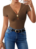 Pink Queen Women Summer Tops Stylish Deep V-Neck Short Sleeve Shirt with Metal Ring Decor