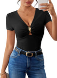 Pink Queen Women Summer Tops Stylish Deep V-Neck Short Sleeve Shirt with Metal Ring Decor