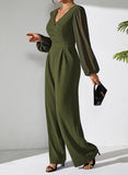 Pink Queen Elegant Jumpsuits for Women Dressy Patchwork Chiffon Sleeve V Neck Wide Leg Romper Holiday Party Outfits