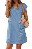 Pink Queen Womens Denim Dress Summer V Neck Short Sleeve Loose Casual Jean Dresses with Pockets