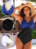 Pink Queen Women One Piece Swimsuit 2026 Patchwork Twist Front V Neck Ruched Tummy Control Swimwear Bathing Suits