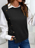 Pink Queen Women's Round Neck Knit Sweater Vest Casual Button Decoration Irregular Hem Tunic Sleeveless Pullover Top