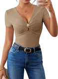 Pink Queen Women Summer Tops Stylish Deep V-Neck Short Sleeve Shirt with Metal Ring Decor