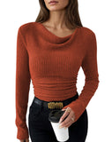 Pink Queen 2026 Fall Tops for Women Trendy Long Sleeve Cowl Neck Ruched Slim Fit Ribbed Knit Basic Shirts