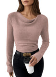 Pink Queen 2026 Fall Tops for Women Trendy Long Sleeve Cowl Neck Ruched Slim Fit Ribbed Knit Basic Shirts