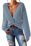 Pink Queen Women's 2025 Casual Pullover Sweaters Sexy V Neck Long Sleeve Twist Knot Cropped Knit Sweater Tops