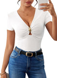 Pink Queen Women Summer Tops Stylish Deep V-Neck Short Sleeve Shirt with Metal Ring Decor