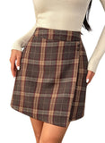 Pink Queen Plaid Skirts for Women with Pockets High Waist Bodycon Button Decor A Line Pencil Wool Mini Skirt Fall Winter