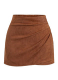 Pink Queen High Waist Ruched Faux Leather Suede Wrap Mini Skirts for Women | Bodycon, A Line, High Waisted, Wrap Hem, Ruched, Short Skirt, Fall Winter Outfits, Business Casual, Streetwear, Club, 2026