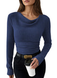 Pink Queen 2026 Fall Tops for Women Trendy Long Sleeve Cowl Neck Ruched Slim Fit Ribbed Knit Basic Shirts