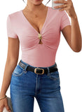 Pink Queen Women Summer Tops Stylish Deep V-Neck Short Sleeve Shirt with Metal Ring Decor