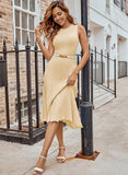 Pink Queen Women's Sleeveless Midi Dresses High Waisted Pleated Ribbed Knit Swing Long Dresses Casual Party Outfits