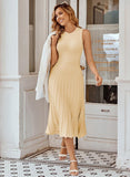 Pink Queen Women's Sleeveless Midi Dresses High Waisted Pleated Ribbed Knit Swing Long Dresses Casual Party Outfits