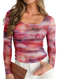 Pink Queen Mesh Tops for Women Long Sleeve Floral See Through Slim Fit Stretchy Casual Going Out Shirts