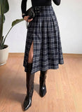 Pink Queen Plaid Skirts for Women with Slit Vintage Buckle Belt Pleated Elastic High Waist A Line Midi Skirts for Women