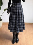 Pink Queen Plaid Skirts for Women with Slit Vintage Buckle Belt Pleated Elastic High Waist A Line Midi Skirts for Women