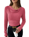 Pink Queen 2026 Fall Tops for Women Trendy Long Sleeve Cowl Neck Ruched Slim Fit Ribbed Knit Basic Shirts