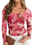 Pink Queen Mesh Tops for Women Long Sleeve Floral See Through Slim Fit Stretchy Casual Going Out Shirts