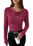 Pink Queen 2026 Fall Tops for Women Trendy Long Sleeve Cowl Neck Ruched Slim Fit Ribbed Knit Basic Shirts