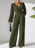 Pink Queen Elegant Jumpsuits for Women Dressy Patchwork Chiffon Sleeve V Neck Wide Leg Romper Holiday Party Outfits