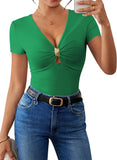 Pink Queen Women Summer Tops Stylish Deep V-Neck Short Sleeve Shirt with Metal Ring Decor