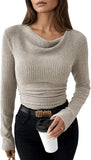 Pink Queen 2026 Fall Tops for Women Trendy Long Sleeve Cowl Neck Ruched Slim Fit Ribbed Knit Basic Shirts