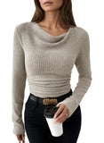 Pink Queen 2026 Fall Tops for Women Trendy Long Sleeve Cowl Neck Ruched Slim Fit Ribbed Knit Basic Shirts