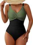 Pink Queen Women One Piece Swimsuit 2026 Patchwork Twist Front V Neck Ruched Tummy Control Swimwear Bathing Suits