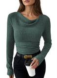 Pink Queen 2026 Fall Tops for Women Trendy Long Sleeve Cowl Neck Ruched Slim Fit Ribbed Knit Basic Shirts