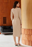 Pink Queen Women's Crew Neck Long Sleeve Midi Dress Cutout Twist Front Bodycon Slit Pencil Ribbed Knit Fall Dresses