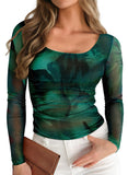 Pink Queen Mesh Tops for Women Long Sleeve Floral See Through Slim Fit Stretchy Casual Going Out Shirts