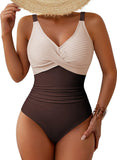 Pink Queen Women One Piece Swimsuit 2026 Patchwork Twist Front V Neck Ruched Tummy Control Swimwear Bathing Suits