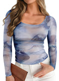 Pink Queen Mesh Tops for Women Long Sleeve Floral See Through Slim Fit Stretchy Casual Going Out Shirts