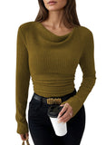 Pink Queen 2026 Fall Tops for Women Trendy Long Sleeve Cowl Neck Ruched Slim Fit Ribbed Knit Basic Shirts