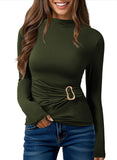Pink Queen Women's Chic Long Sleeve Top with Ruched Waist & Metal Ring Decor Mock Neck Slim Fit Going Out Tees