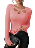 Pink Queen Sexy Tops for Women Fall Clothes Long Sleeve Cutout Keyhole Neck Top Ribbed Knit Shirts