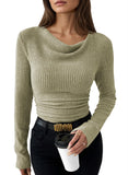 Pink Queen 2026 Fall Tops for Women Trendy Long Sleeve Cowl Neck Ruched Slim Fit Ribbed Knit Basic Shirts