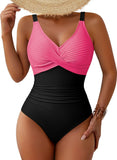 Pink Queen Women One Piece Swimsuit 2026 Patchwork Twist Front V Neck Ruched Tummy Control Swimwear Bathing Suits