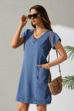 Pink Queen Womens Denim Dress Summer V Neck Short Sleeve Loose Casual Jean Dresses with Pockets