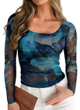 Pink Queen Mesh Tops for Women Long Sleeve Floral See Through Slim Fit Stretchy Casual Going Out Shirts