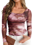 Pink Queen Mesh Tops for Women Long Sleeve Floral See Through Slim Fit Stretchy Casual Going Out Shirts