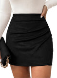 Pink Queen High Waist Ruched Faux Leather Suede Wrap Mini Skirts for Women | Bodycon, A Line, High Waisted, Wrap Hem, Ruched, Short Skirt, Fall Winter Outfits, Business Casual, Streetwear, Club, 2026