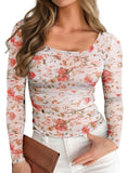 Pink Queen Mesh Tops for Women Long Sleeve Floral See Through Slim Fit Stretchy Casual Going Out Shirts