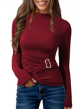 Pink Queen Women's Chic Long Sleeve Top with Ruched Waist & Metal Ring Decor Mock Neck Slim Fit Going Out Tees
