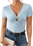 Pink Queen Women Summer Tops Stylish Deep V-Neck Short Sleeve Shirt with Metal Ring Decor