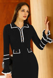 Pink Queen Women's V Neck Bodycon Sweater Dress 2026 Long Sleeve Half Button Slim Fitted Ruffle Ribbed Knit Maxi Pencil Dress